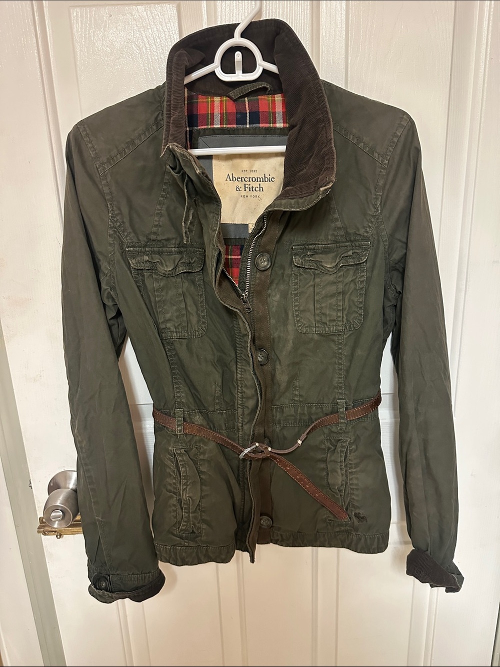 Abercrombie & Fitch Olive Green Utility Jacket with Brown Corduroy Collar